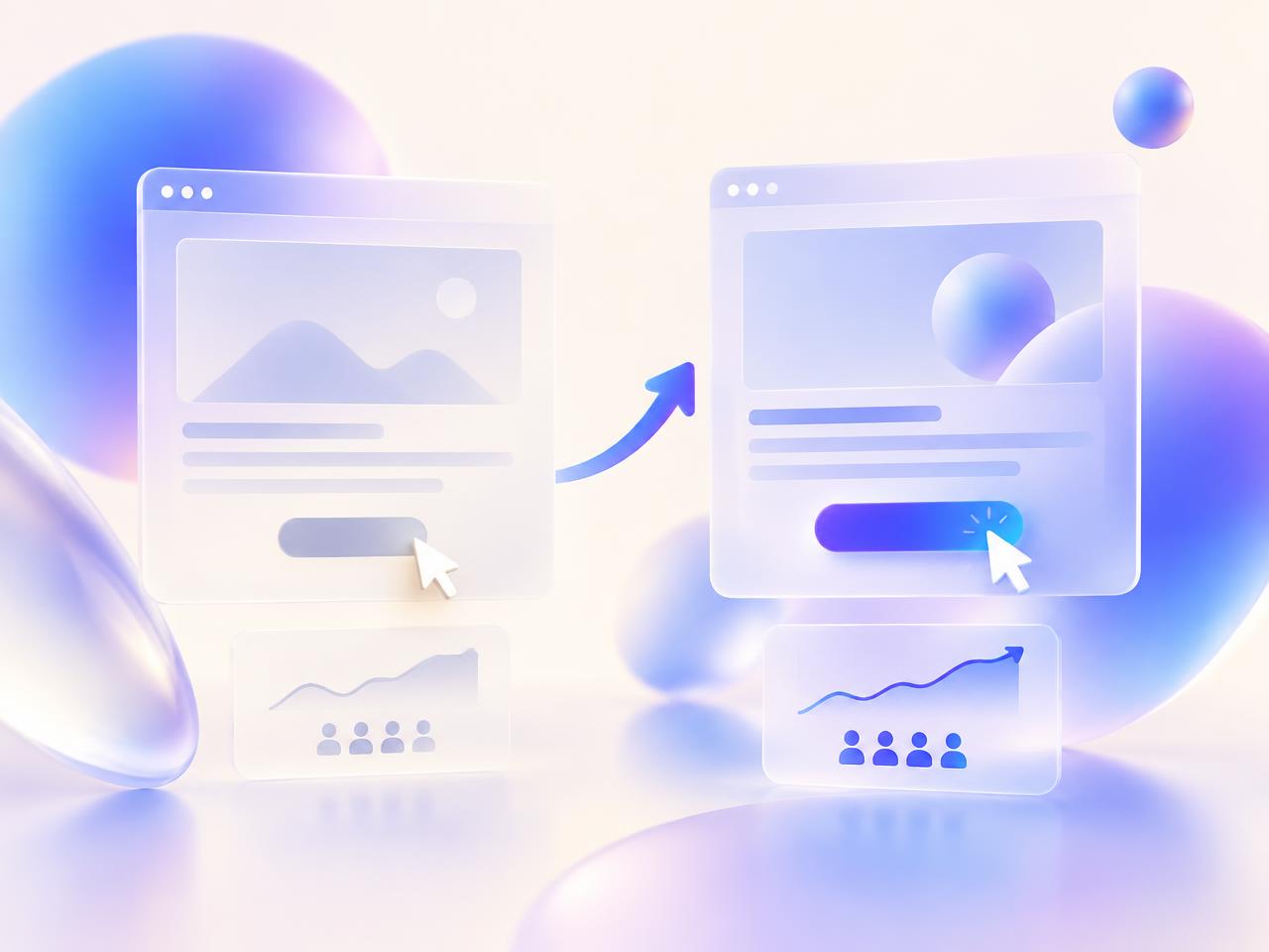 Two abstract glass landing page wireframes with a rising conversion arrow