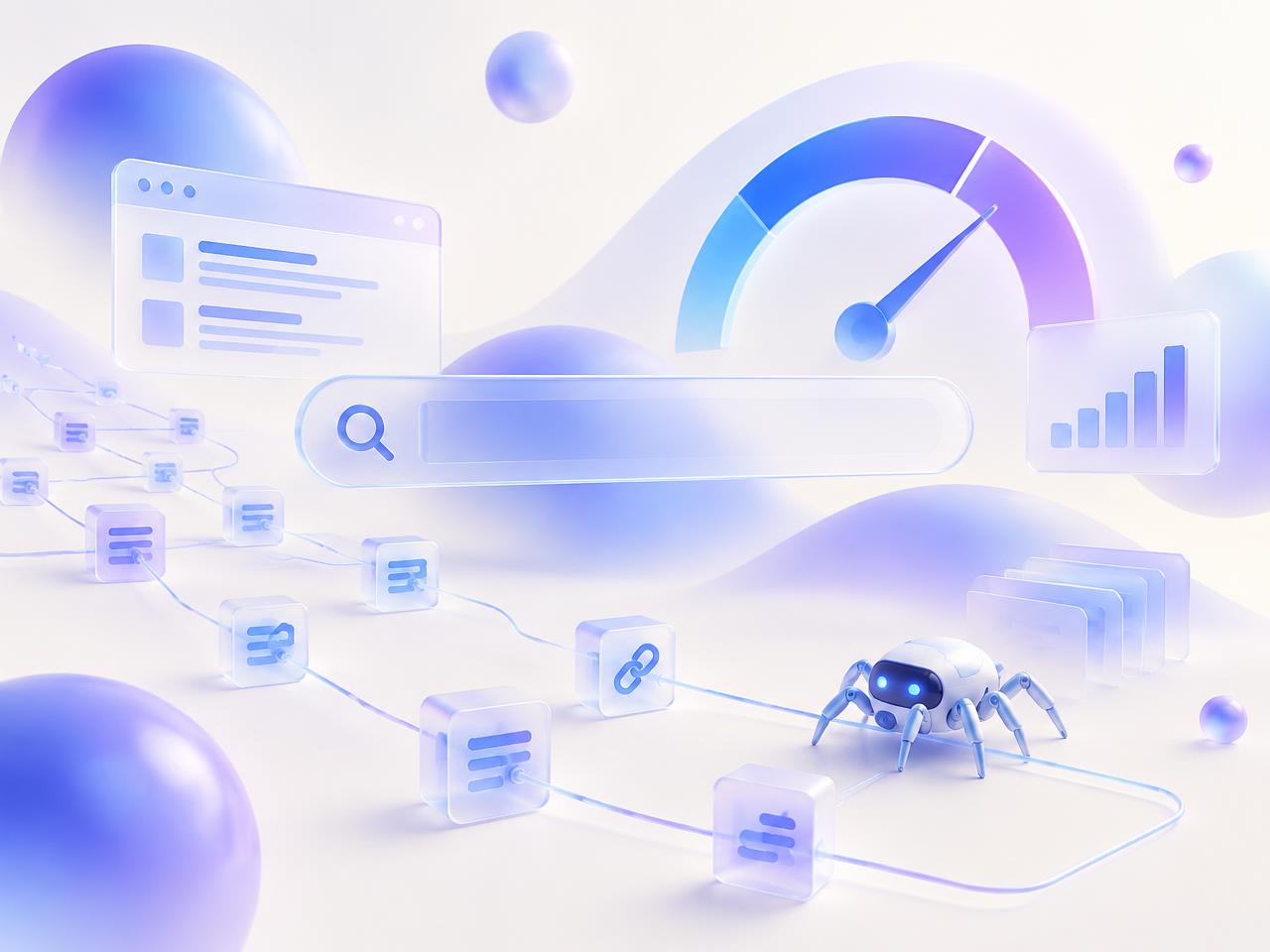 Abstract search interface with a rising site health gauge and link graph