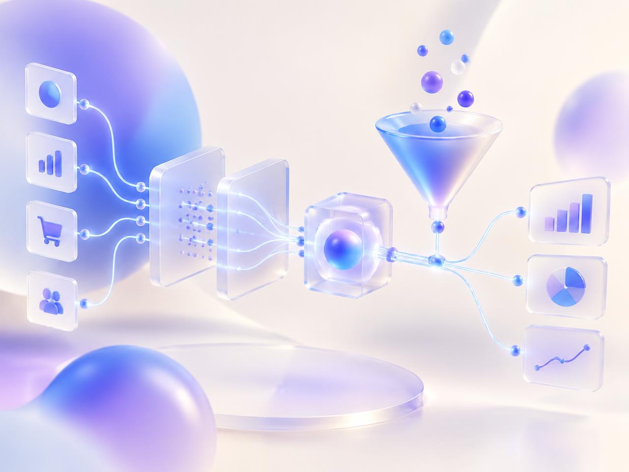 Abstract glass data pipeline connecting analytics panels and a funnel