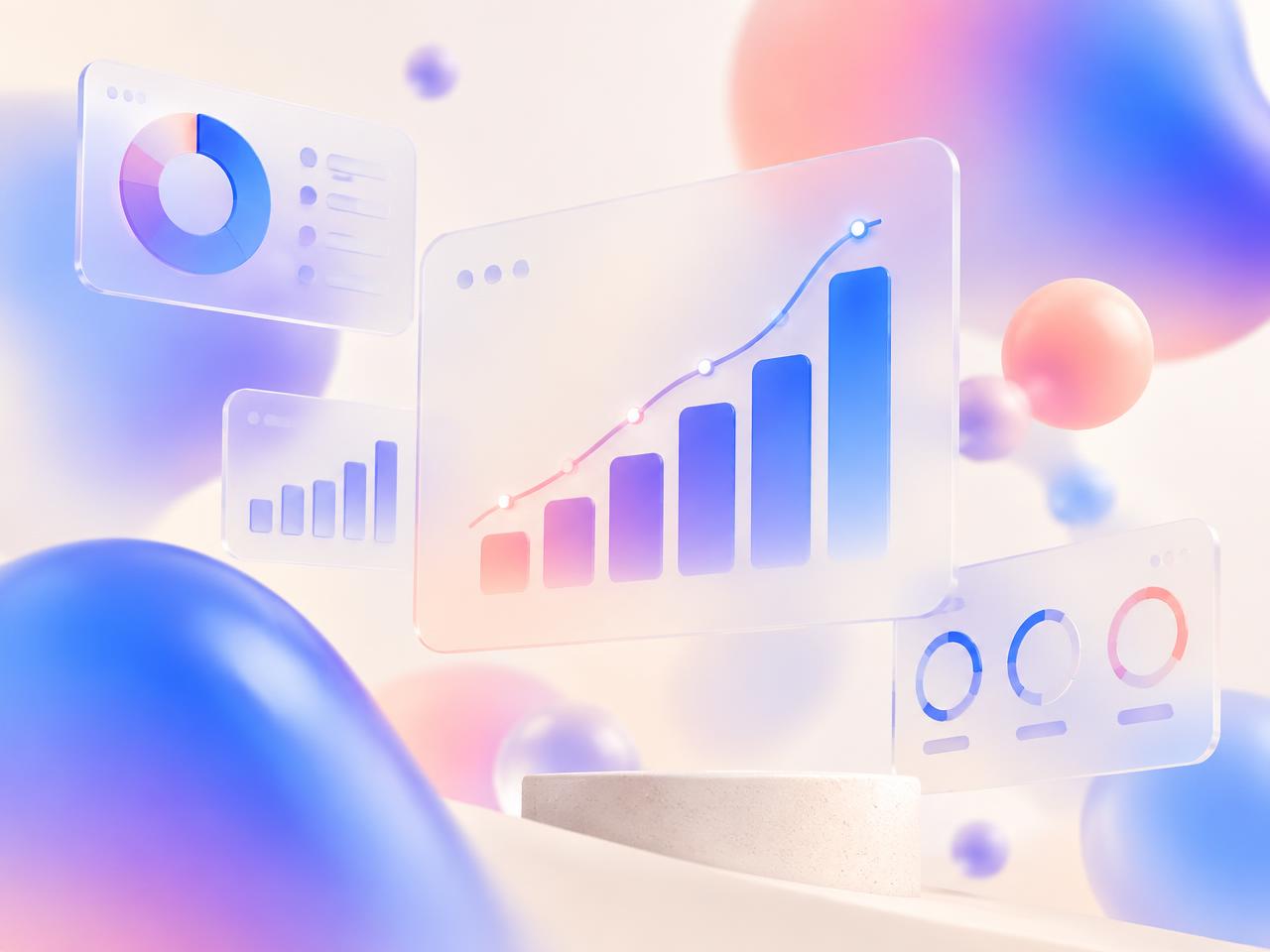 Abstract glass dashboard showing rising performance marketing charts